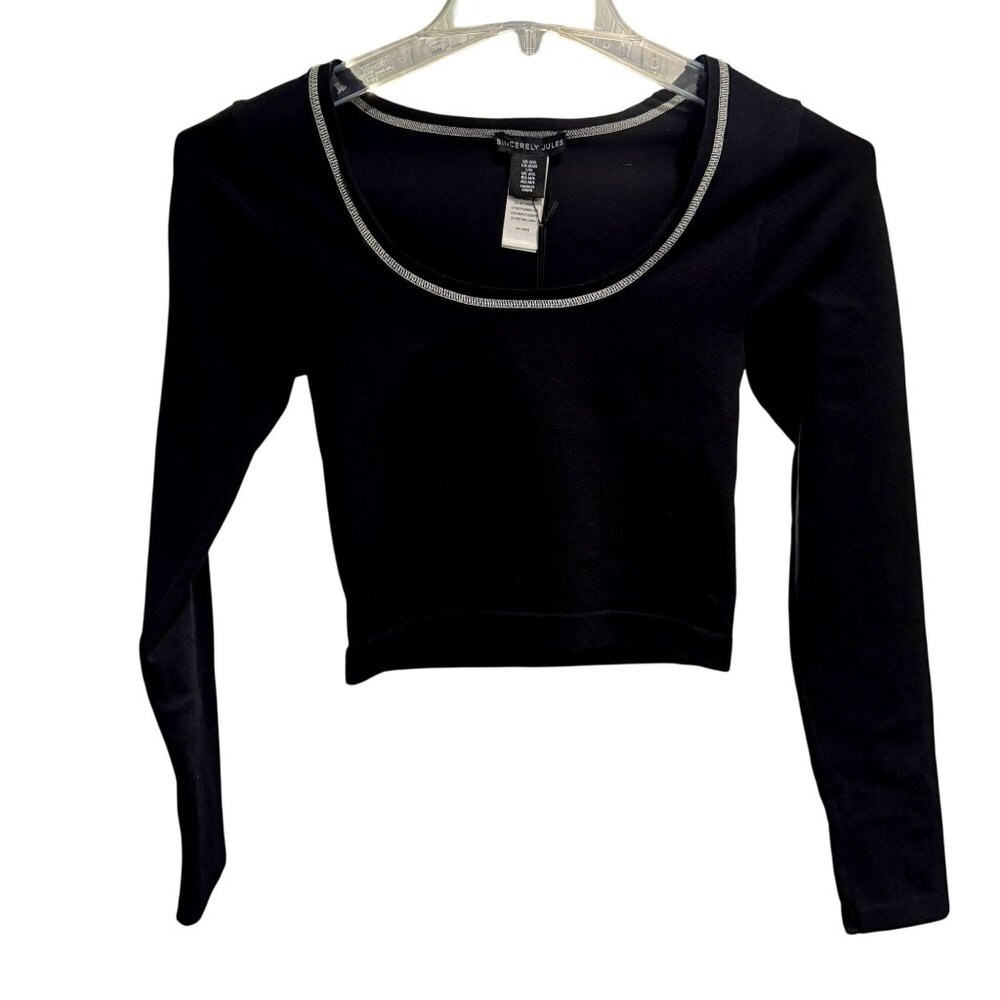 Sincerely Jules Black Cropped Top M/L Scoop Neck Long Sleeve Grunge Witchy NWT